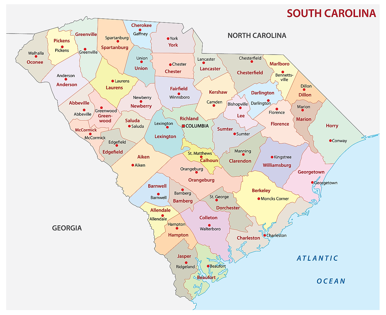 Mapa administrativo de Carolina del Sur que muestra sus 46 condados y la ciudad capital - Columbia