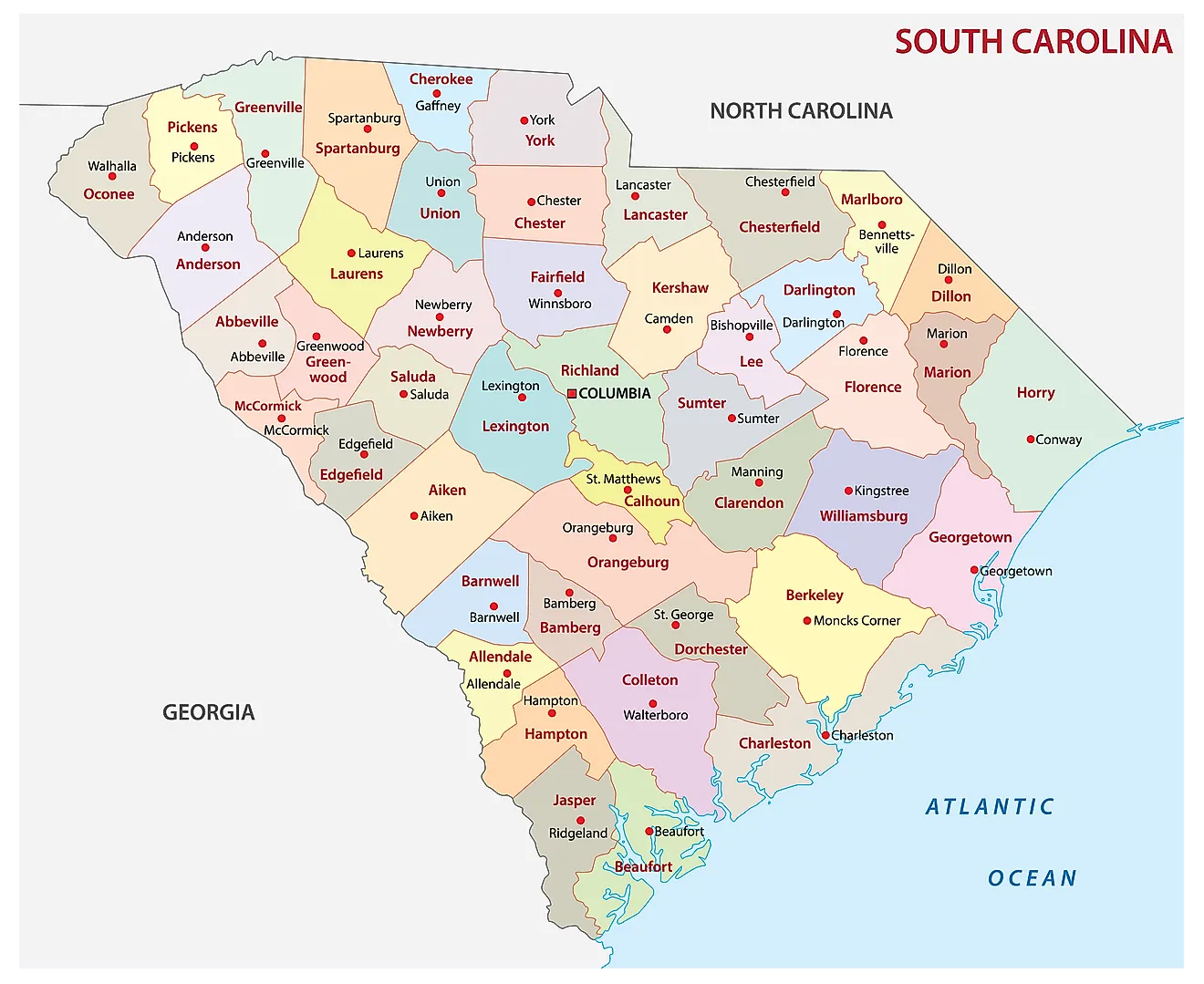 Administrative Map of South Carolina showing its 46 counties and the capital city - Columbia