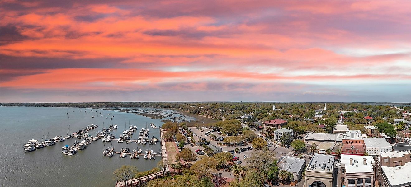 Aerial view of Beaufort, South Carolina at sunset.