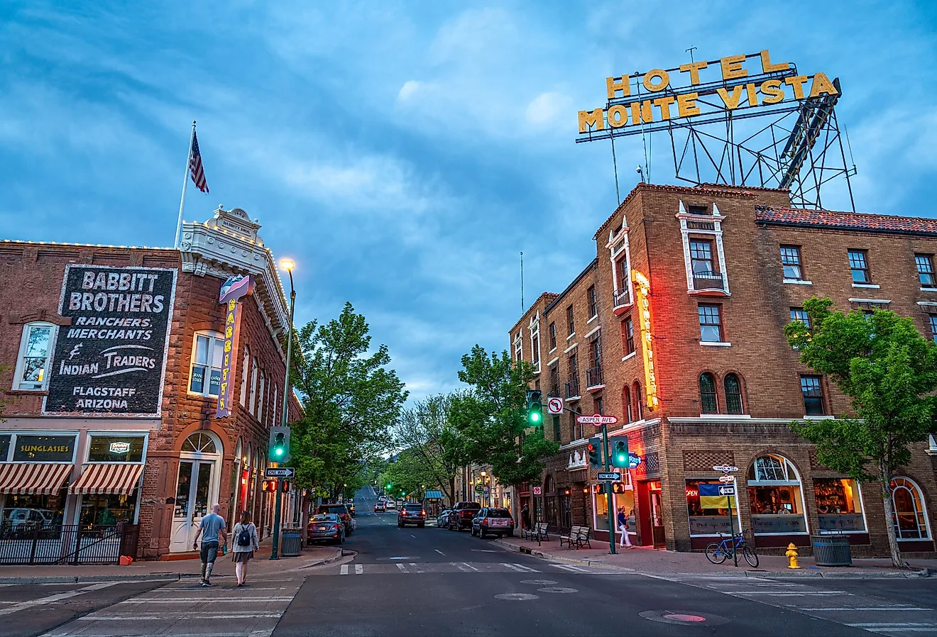 Street view of Hotel Monte Vista and Babbitt Brothers building in Flagstaff, Arizona. Editorial credit: Wirestock Creators / Shutterstock.com