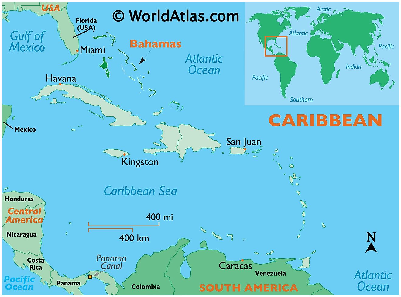 Map showing location of The Bahamas in the world.