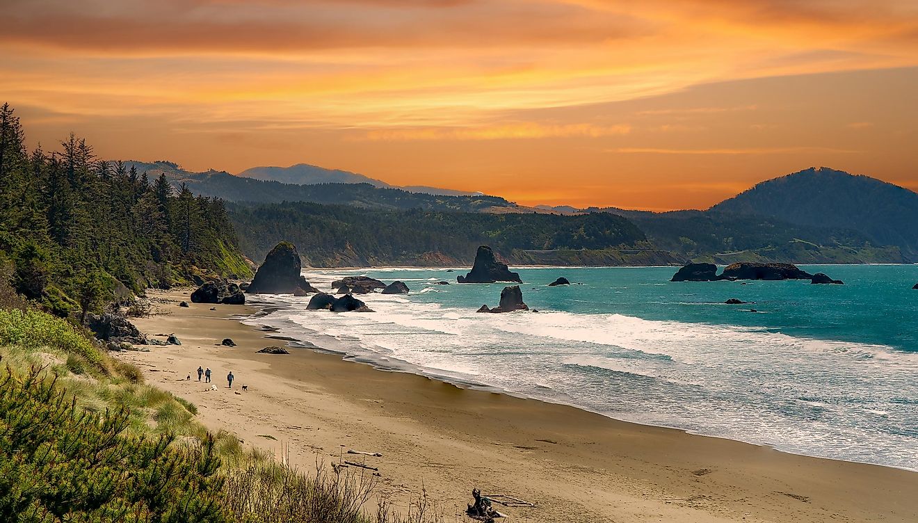Sunrise at the beach with sea stacks at Battle Rock Wayside in Port Orford on the Oregon coast. Editorial credit: Bob Pool / Shutterstock.com