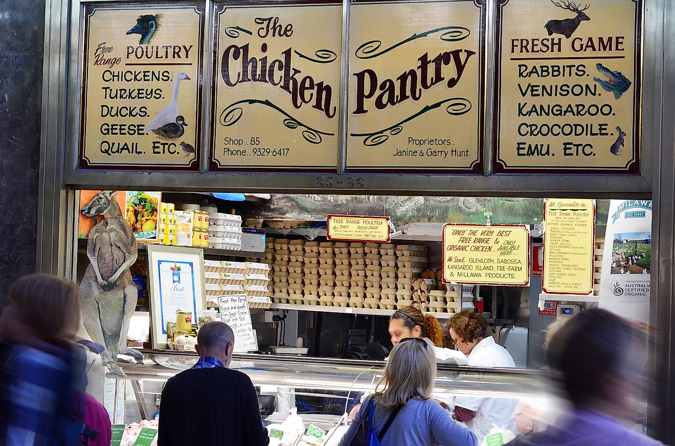 Australians buy Kangaroo and Crocodile meat in a butcher shop at Queen Victoria Market. Image credit: ChameleonsEye/Shutterstock.com