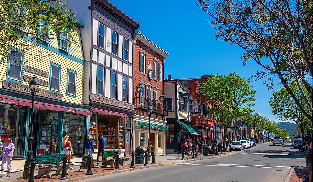 Sherman's Book Store and Stadium restaurant at 58 Main Street in historic town center of Bar Harbor, Maine ME, USA. Editorial credit: Wangkun Jia / Shutterstock.com