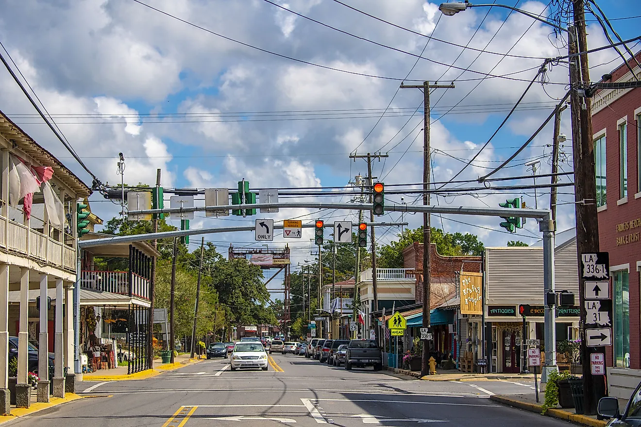 Buildings lined along downtown Breaux Bridge in Louisiana