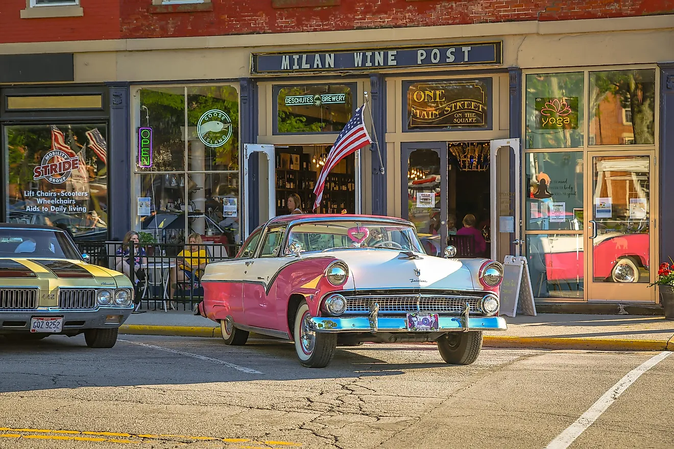 Milan, Ohio: A beautiful pink Ford is parked in front of local shops on a summer cruise night. Editorial Credit: Keith J Finks via Shutterstock.