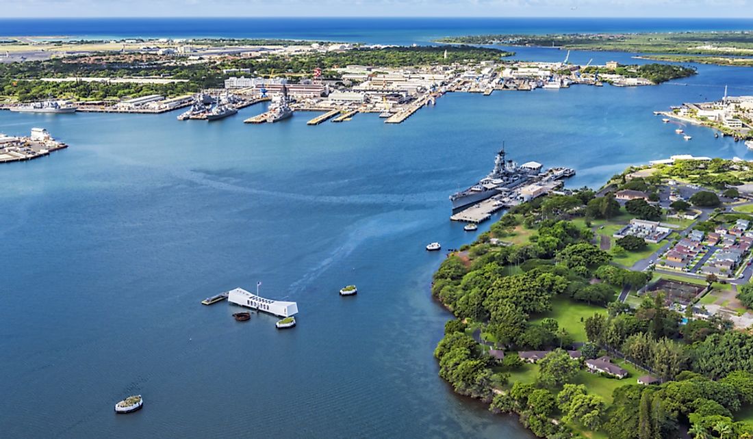 Aerial shot of Pearl Harbor on the Hawaiian island of Oahu.