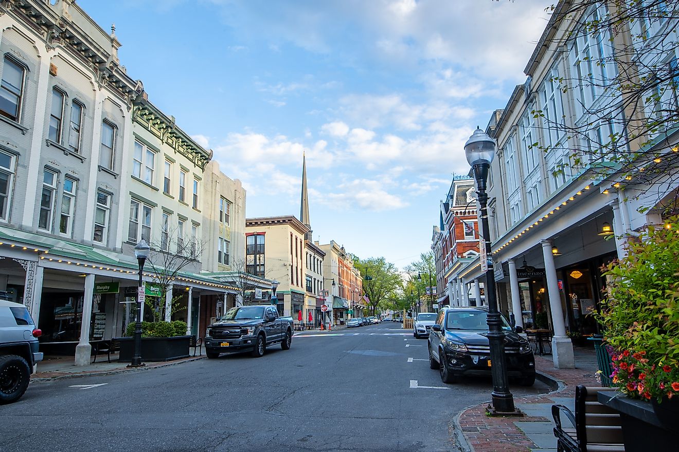 Historic buildings along a street in the Kingston Stockade District in Kingston, New York. Editorial credit: Brian Logan Photography / Shutterstock.com