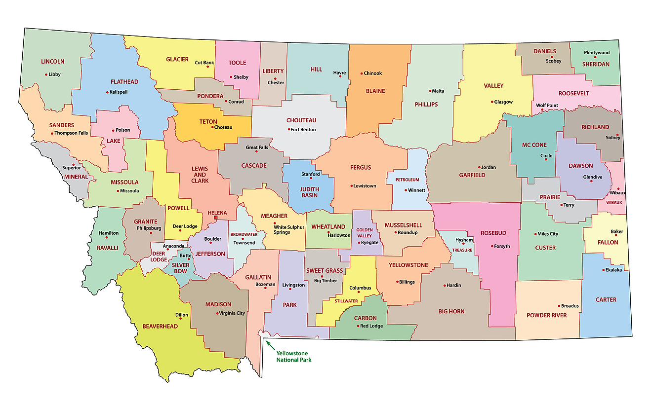 Mapa administrativo de Montana que muestra sus 56 condados y la ciudad capital - Helena