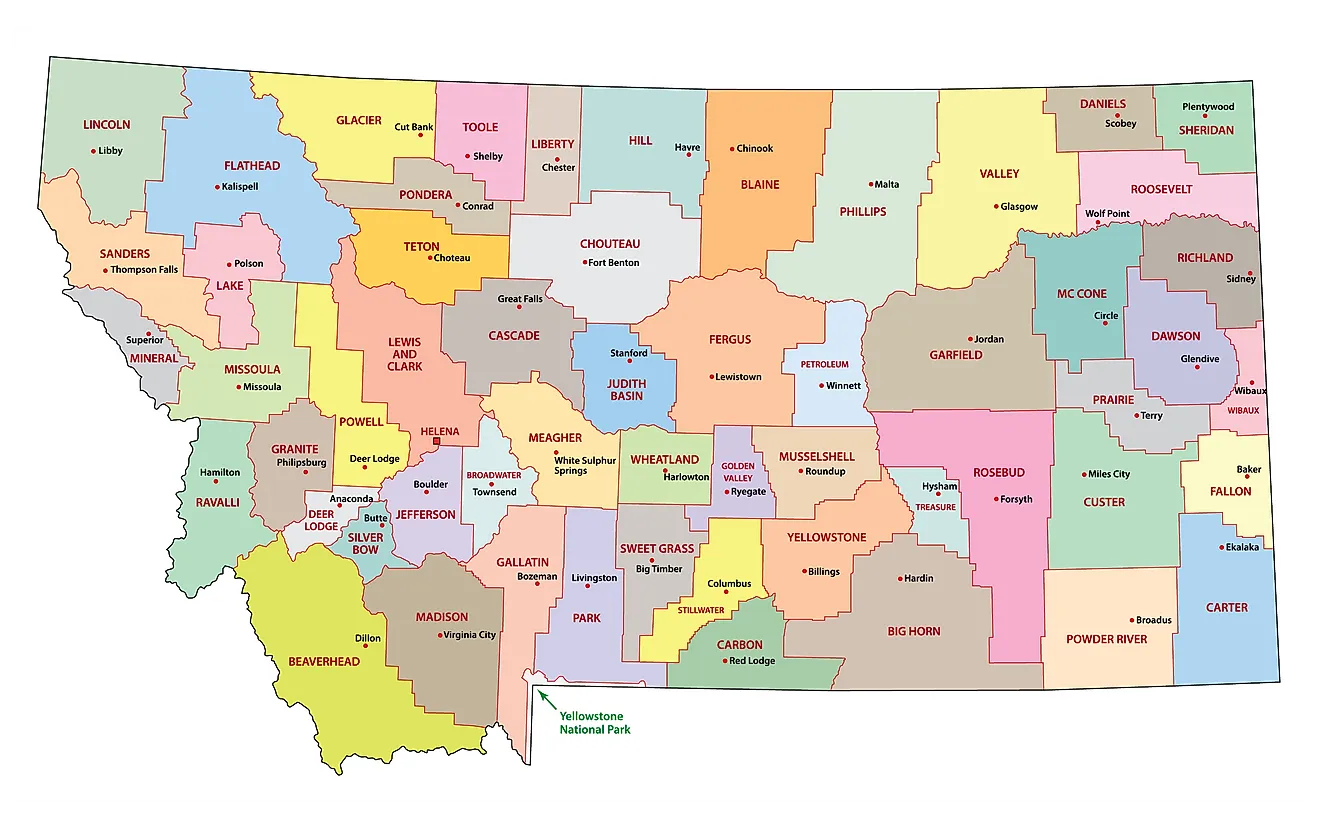 Administrative Map of Montana showing its 56 counties and the capital city - Helena