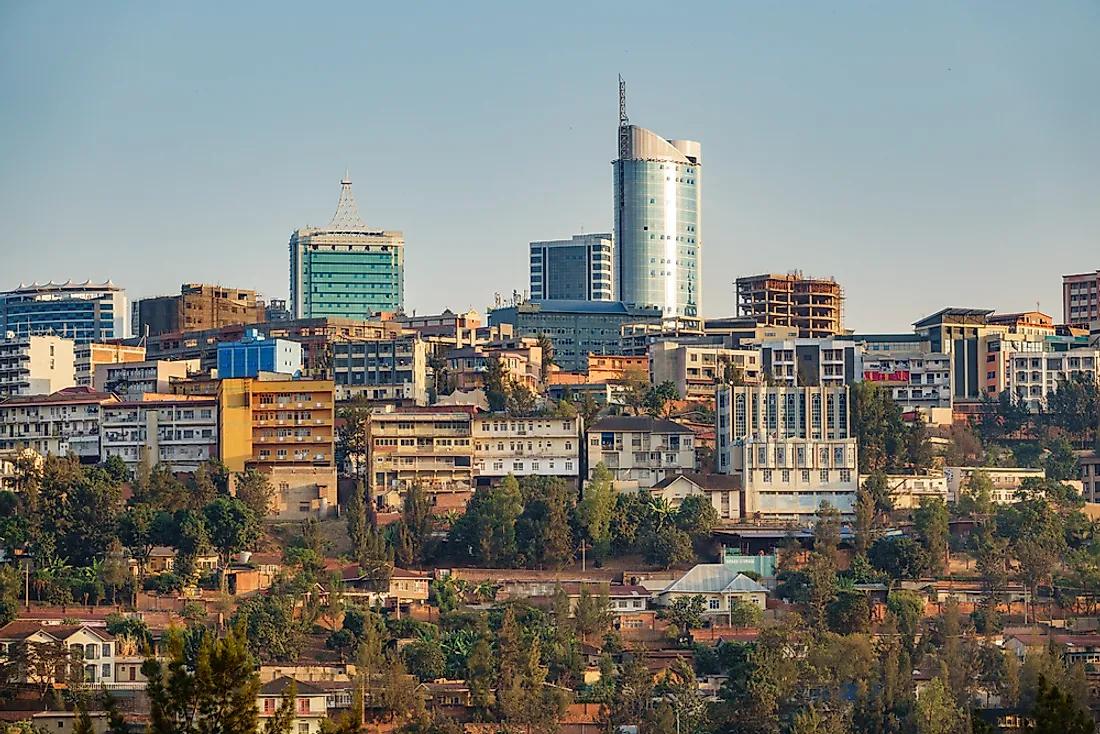 The skyline of downtown Kigali, Rwanda. 