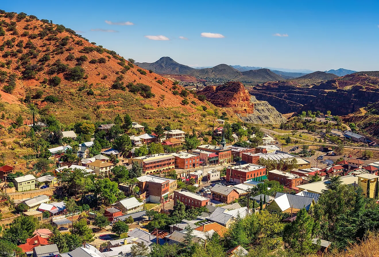 Town of Bisbee with surrounding Mule Mountains in Arizona.