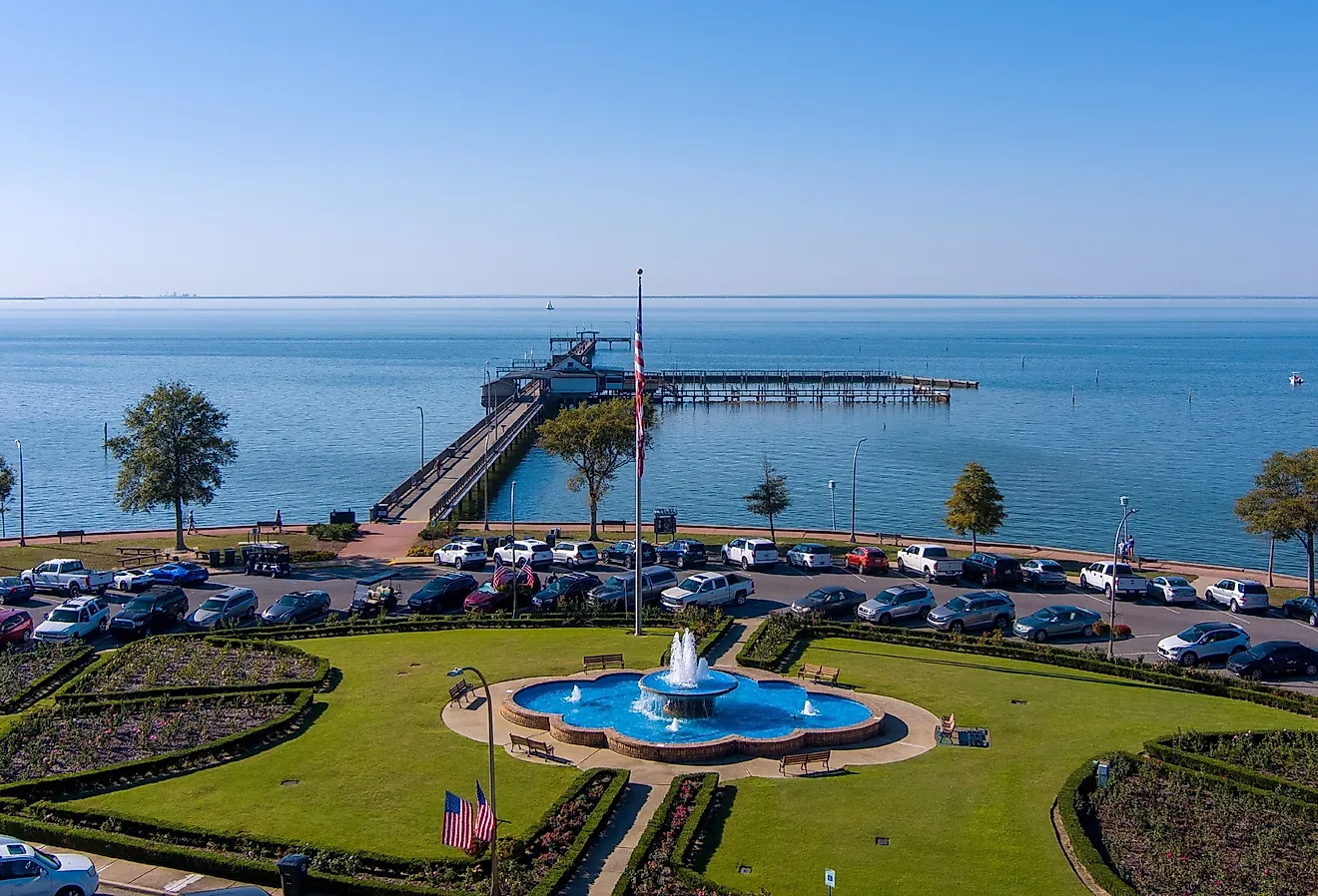 Aerial view of the Fairhope, Alabama Municipal Pier on the eastern shore of Mobile Bay.