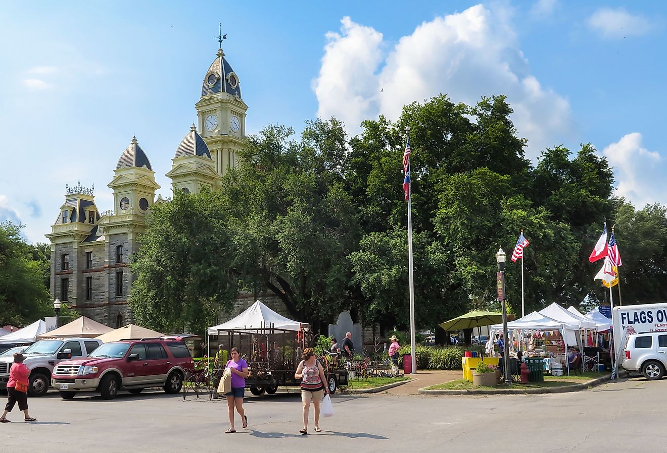 Market days surrounds the central square and Goliad County Courthouse, Texas. Image credit Philip Arno Photography via Shutterstock