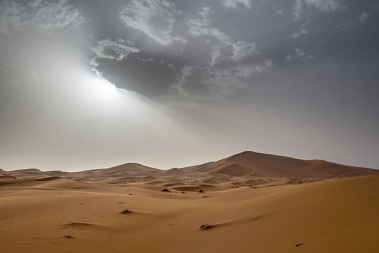 Erg Chebbi Dunes in Morocco, Sahara Desert, during a sand storm. Image credit: Filipe B. Varela/Shutterstock.com