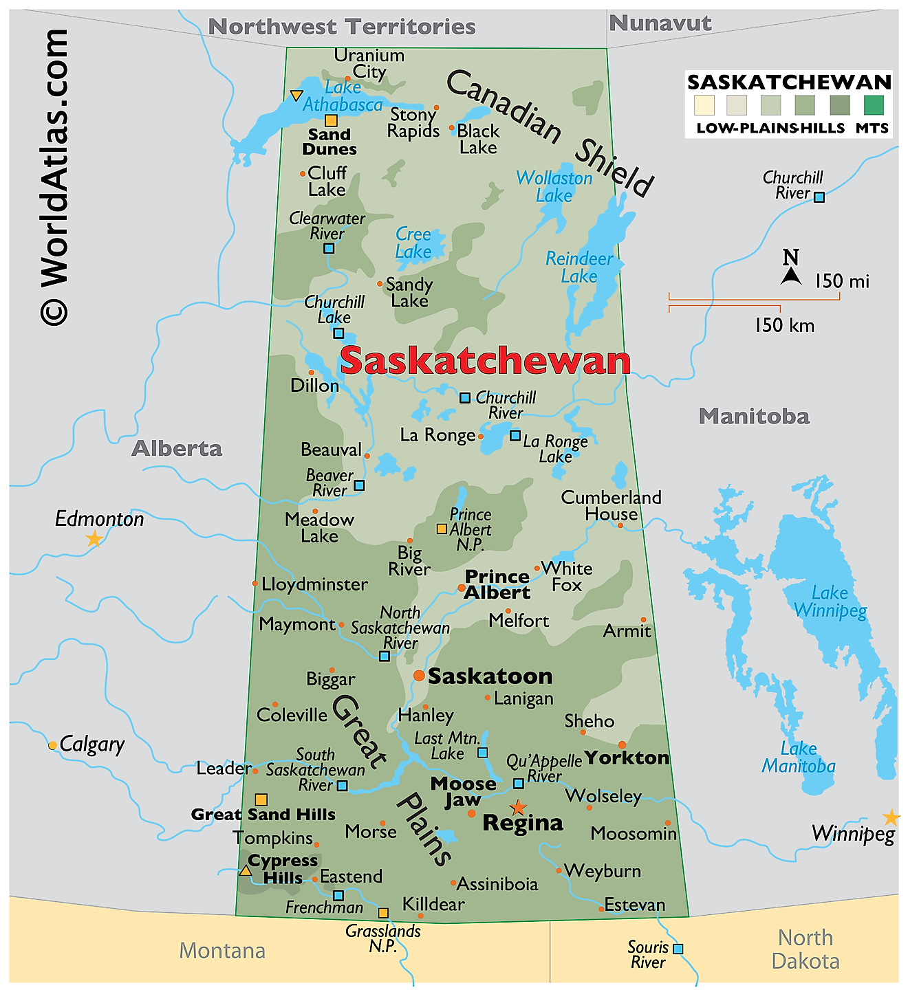 Physical Map of Saskatchewan. It shows the physical features of Saskatchewan, including mountain ranges, important rivers, and major lakes.  
