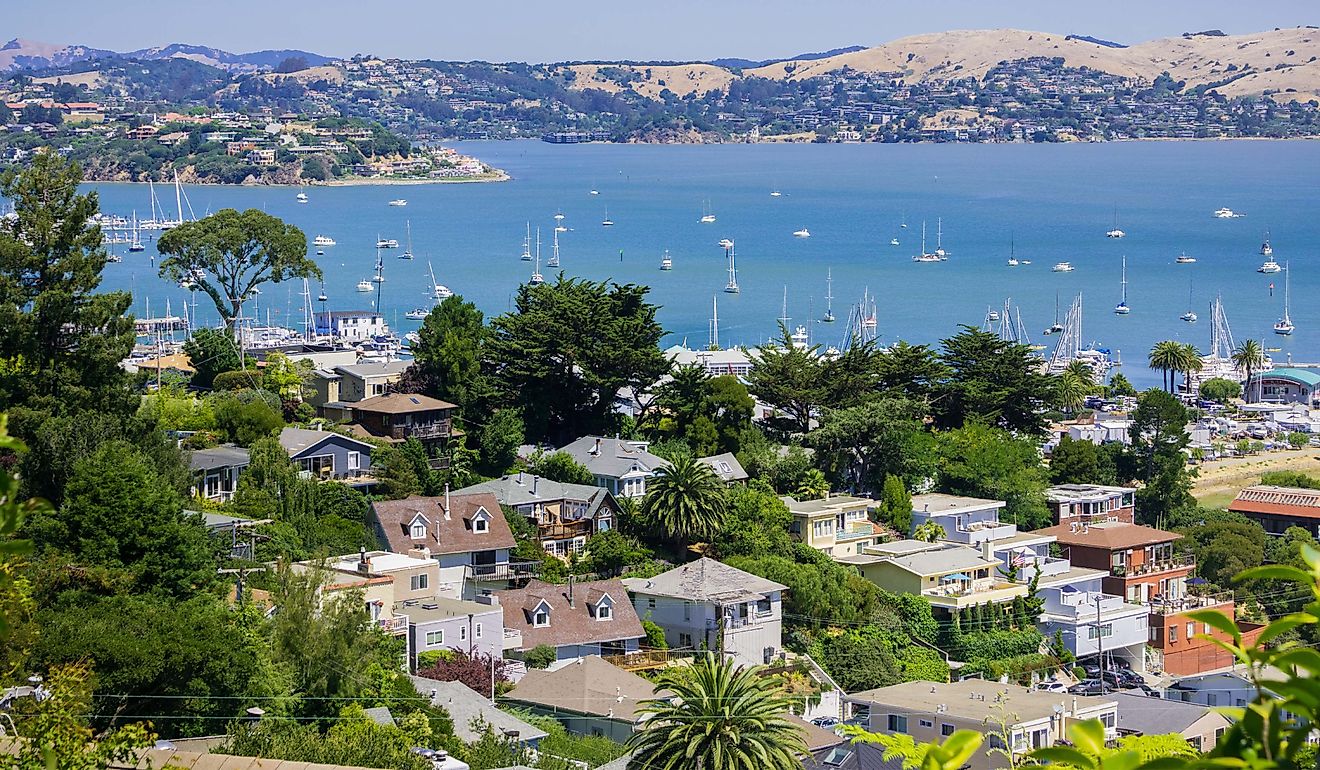 View of the marina and town of Sausalito near San Francisco, California.
