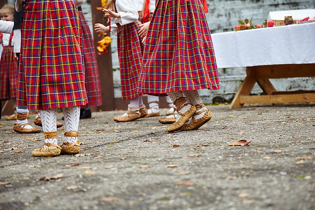 Women dressed in traditional Latvian dance shoes. 