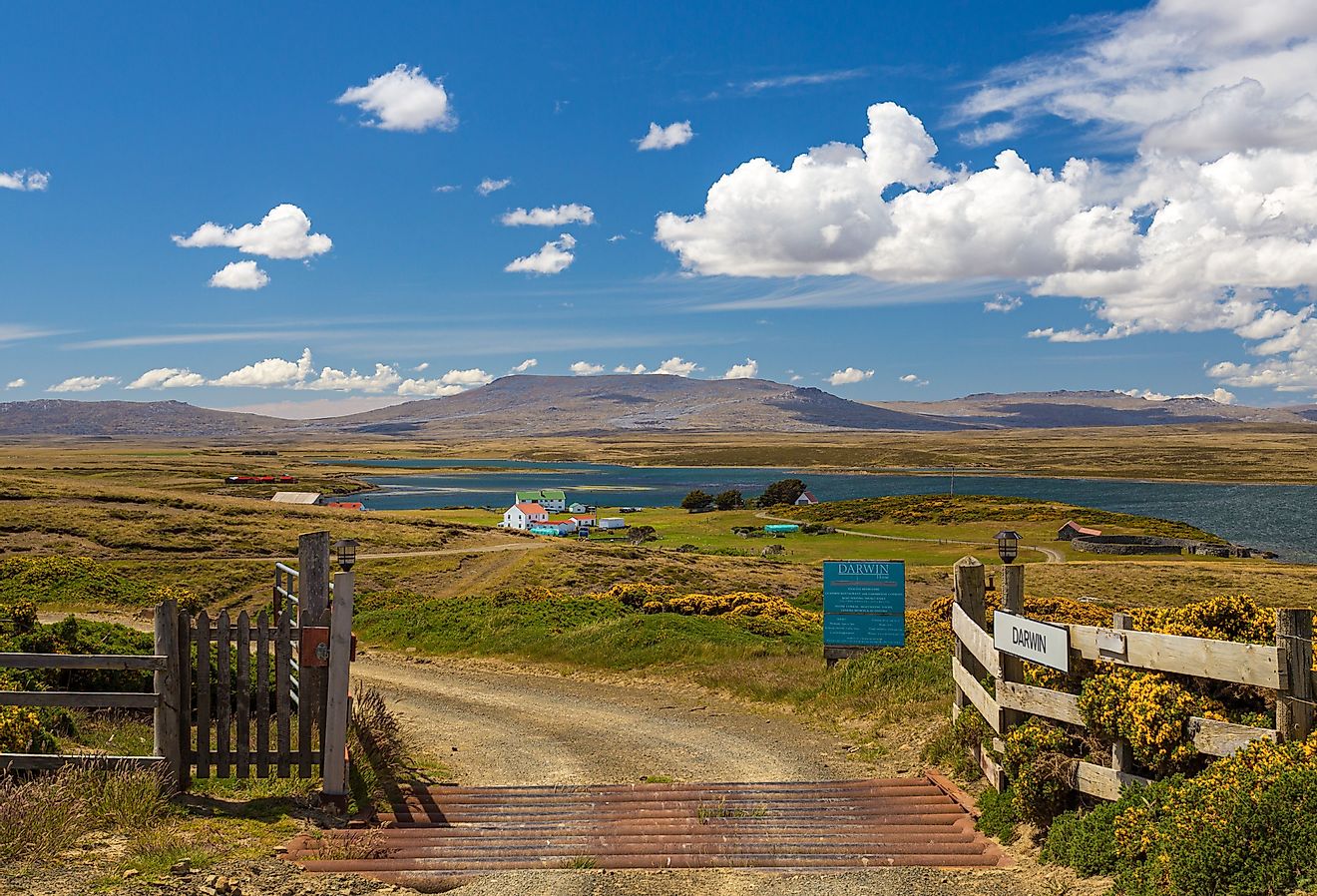 Entrance to town of Darwin, Falkland Islands.