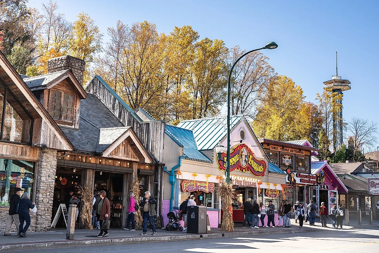 Street view of popular tourist city of Gatlinburg, Tennessee. 