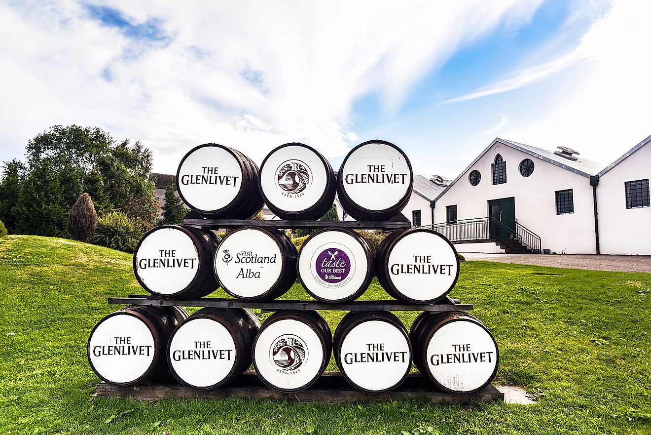 Whisky barrels at the entrance of Glenlivet Distillery. Image credit: CA Irene Lorenz/Shutterstock.com