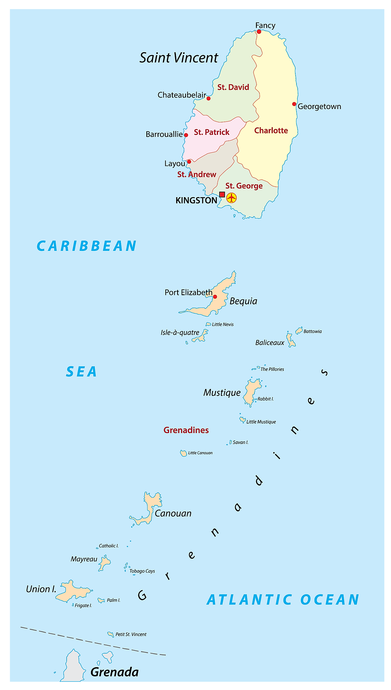 Political Map of St. Vincent and the Grenadines showing its 6 parishes and the capital city of Kingstown.