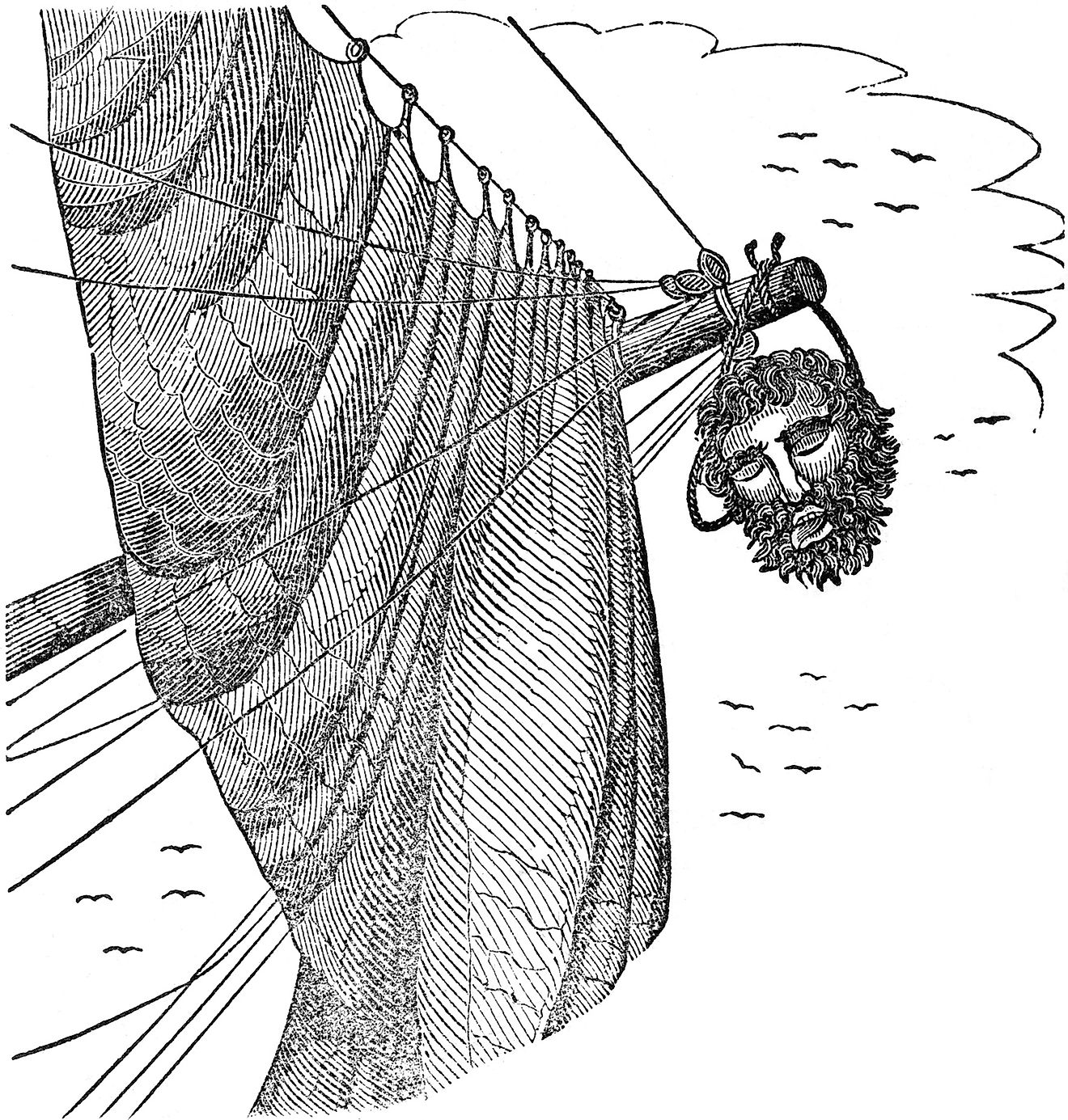 Edward Teach's severed head hangs from Maynard's bowsprit, as pictured in Charles Elles's The Pirates Own Book (1837).