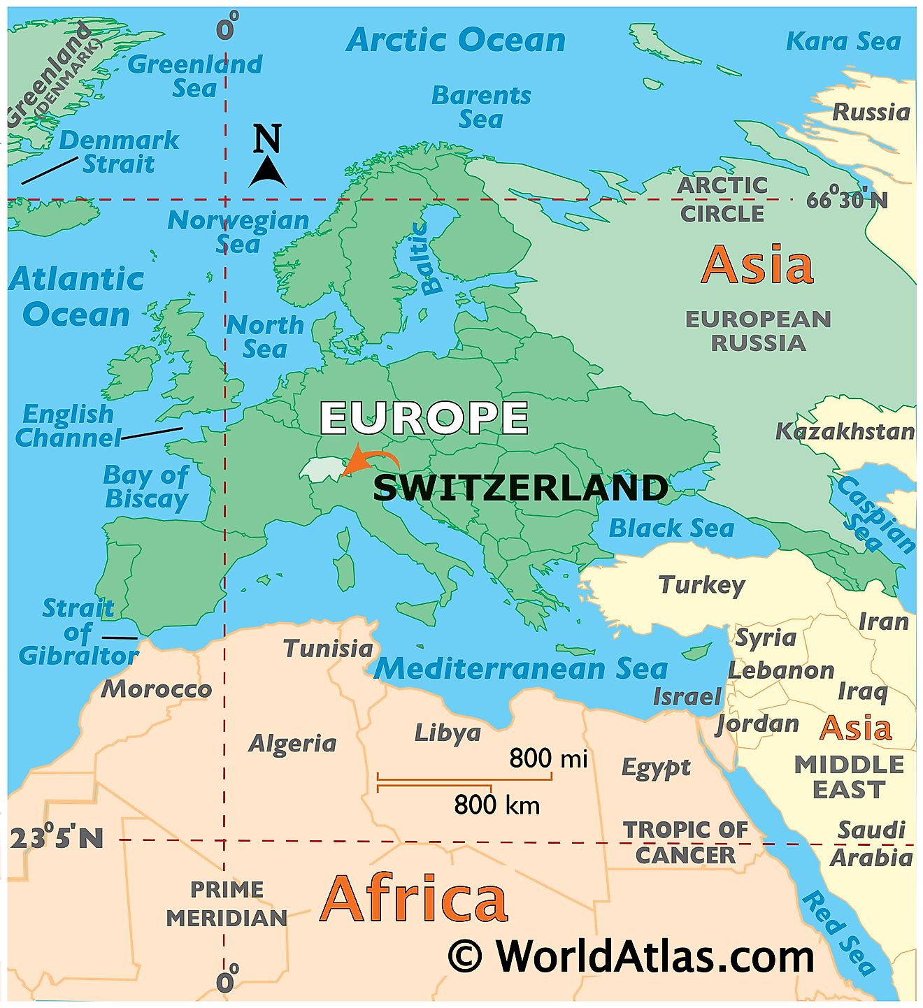 Map showing location of Switzerland in the world.