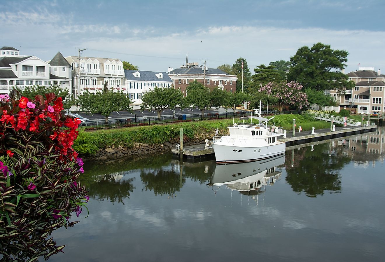 Downtown Lewes, Delaware from bridge with river canal.