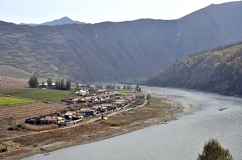 A rural North Korean farming village along the Yalu River near the Changbai Mountains.
