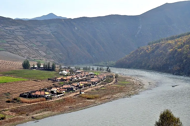 A rural North Korean farming village along the Yalu River near the Changbai Mountains.