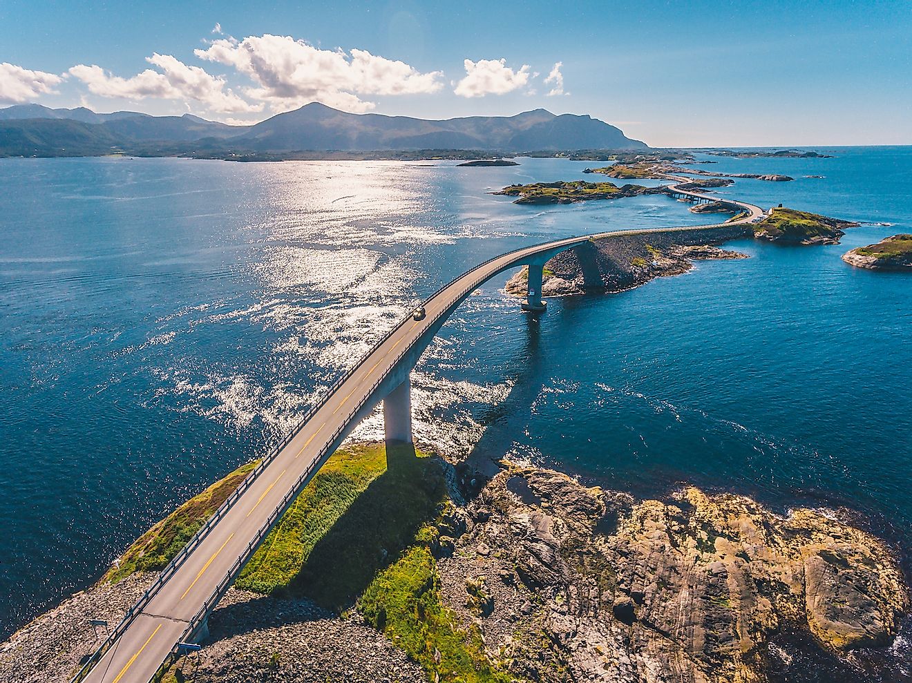 Aerial drone shot of the world famous Atlantic Road in Norway. Image credit: Dmitry Tkachenko Photo/Shutterstock.com