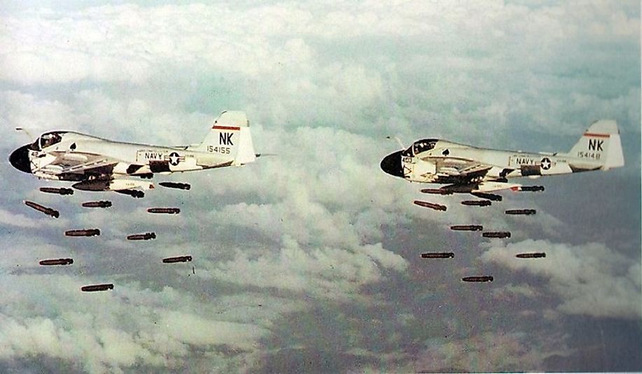 U.S. Navy bombers wreaking havoc on North Vietnamese areas of strategic importance during Operation Rolling Thunder.