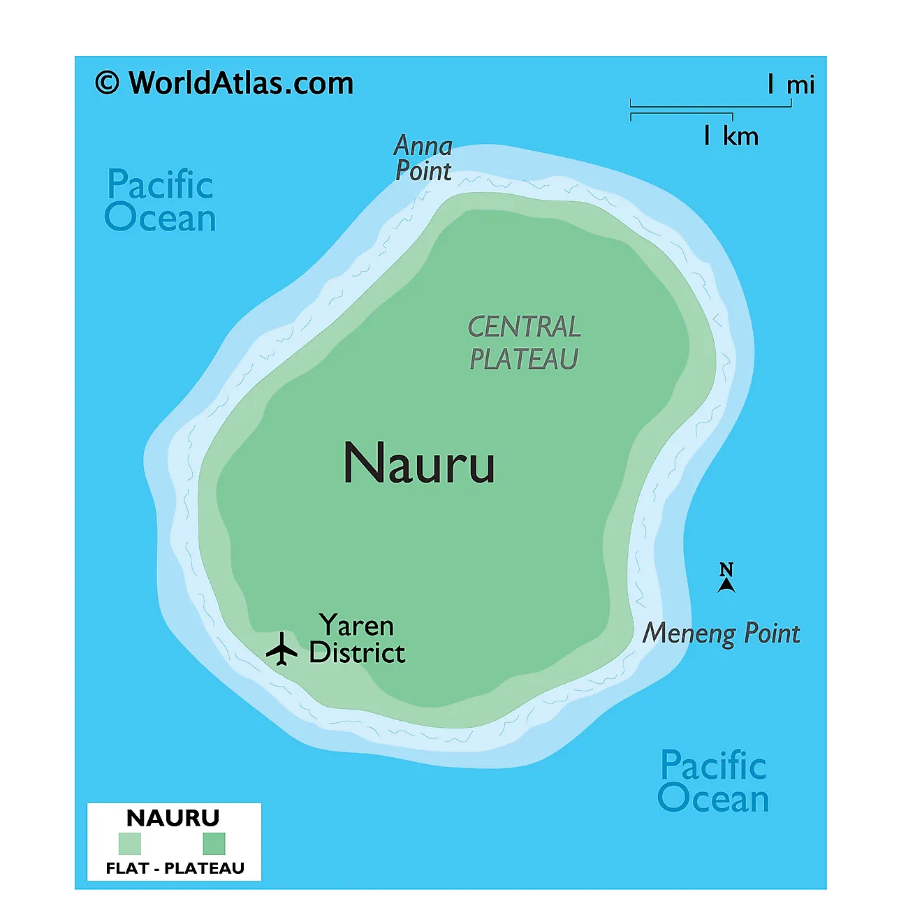 Physical Map of Nauru showing its relief, Central Plateau, important points, and surrounding Pacific Ocean.