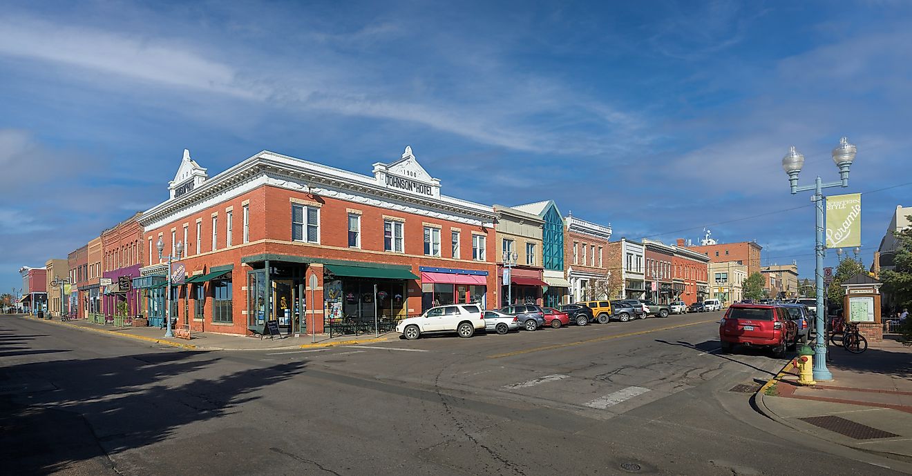 Panoramic view of downtown Laramie, Wyoming, from the intersection of 1st Street and Grand Avenue. Editorial credit: Nagel Photography / Shutterstock.com