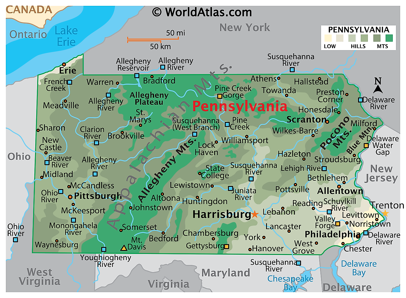 Physical Map of Pennsylvania. It shows the physical features of Pennsylvania including its mountain ranges and major rivers. 
