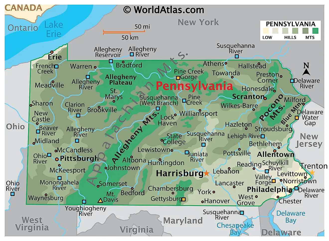 Mapa físico de Pensilvania. Muestra las características físicas de Pensilvania, incluidas sus cadenas montañosas y sus principales ríos.