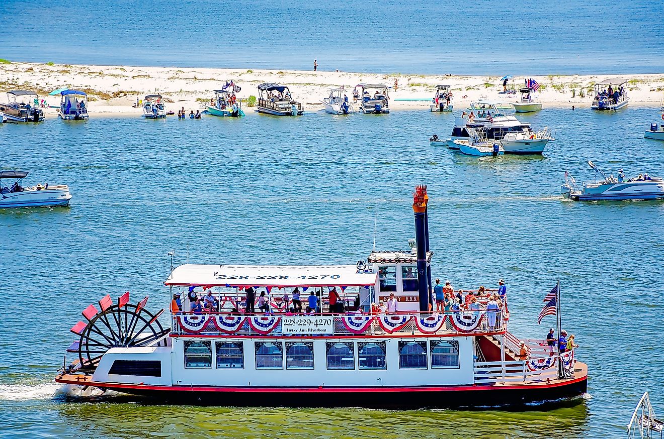 The Betsy Ann riverboat passes between Biloxi Small Craft Harbor and Deer Island in Biloxi, Mississippi.