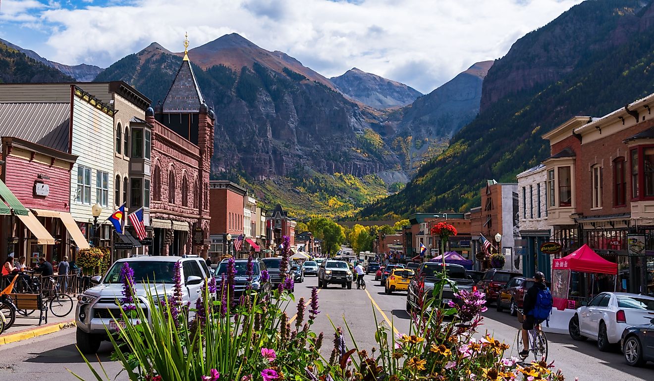 Busy day on Main Street, Colorado Avenue, in downtown Telluride. Editorial credit: Michael Vi / Shutterstock.com