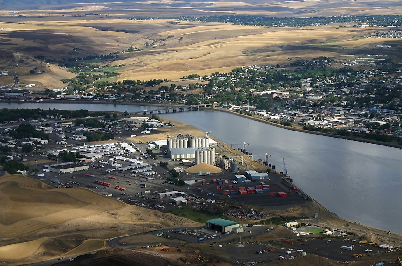 Aerial photograph of the Lewiston Port on the Clearwater South of the confluence with the Snake River in the inland northwest