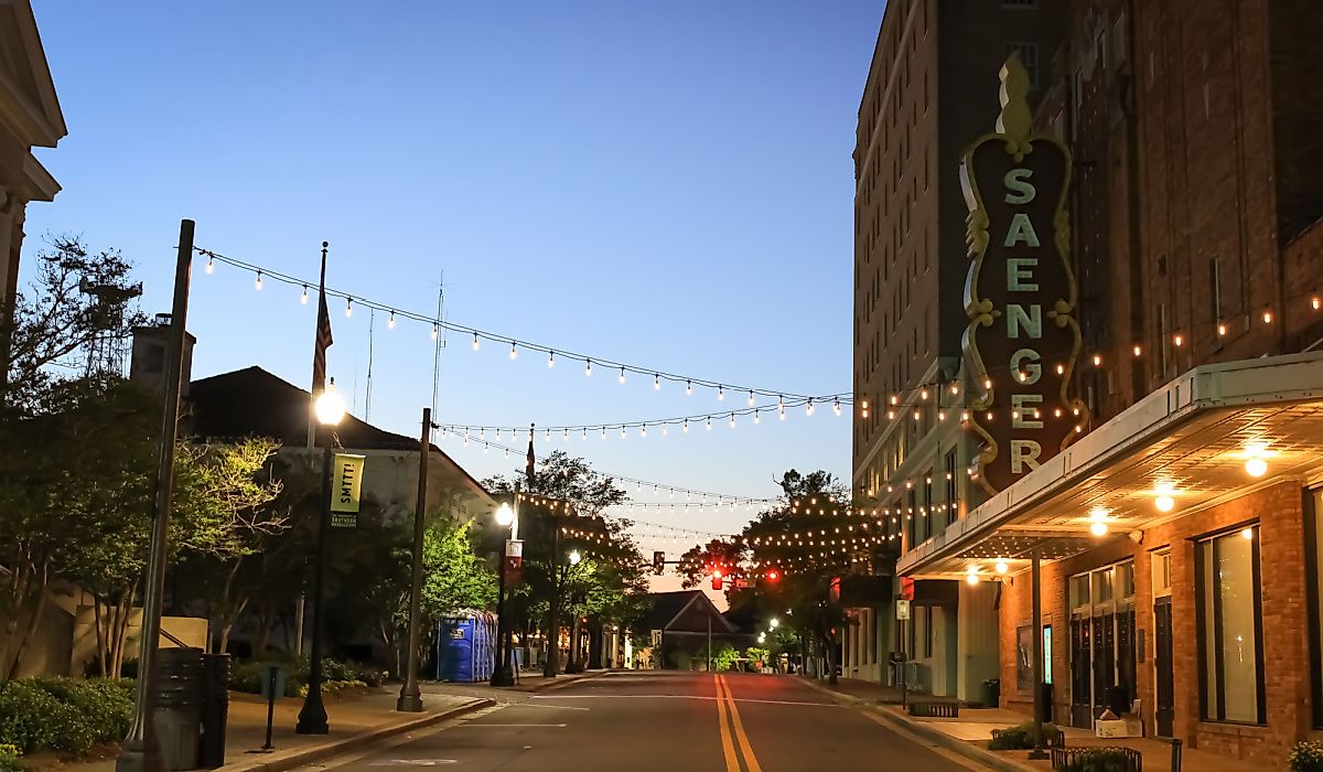  A historic theater with lights in the evening, Hattiesburg, Mississippi. Image credit Sabrina Janelle Gordon via Shutterstock