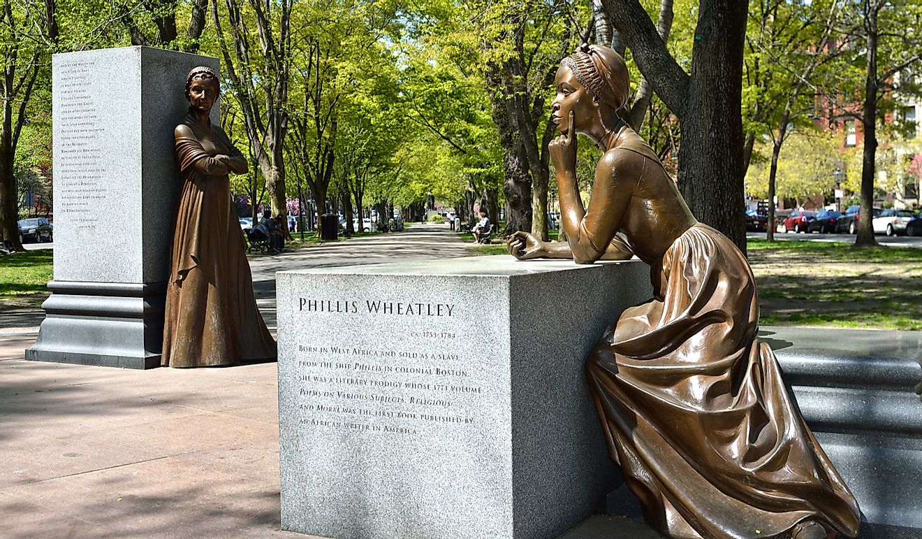 Phillis Wheatley and Abigail Adams at the Boston Women's Memorial in Back Bay, Boston, a monument celebrating women's history in the USA. Editorial credit: Jorge Salcedo / Shutterstock.com