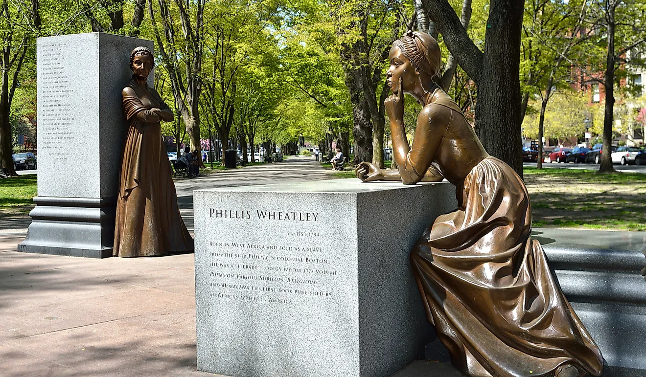 Phillis Wheatley and Abigail Adams at the Boston Women's Memorial in Back Bay, Boston, a monument celebrating women's history in the USA. Editorial credit: Jorge Salcedo / Shutterstock.com