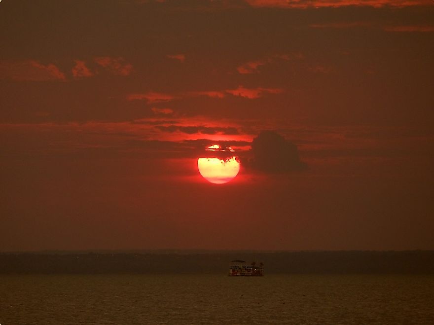 The sun sets over the Tocantins River, seen here from the Brazilian city of Palmas.