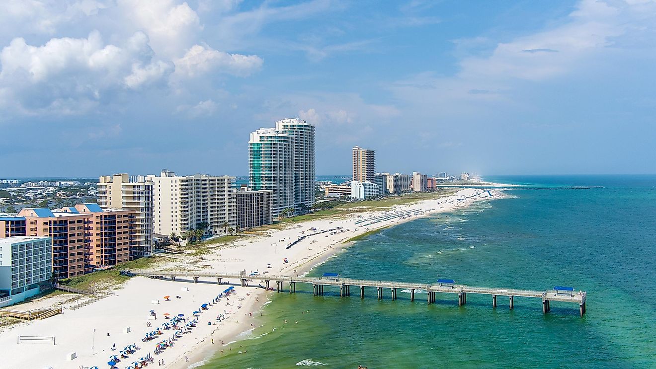 Aerial view of the beach and shoreline in Orange Beach, Alabama.