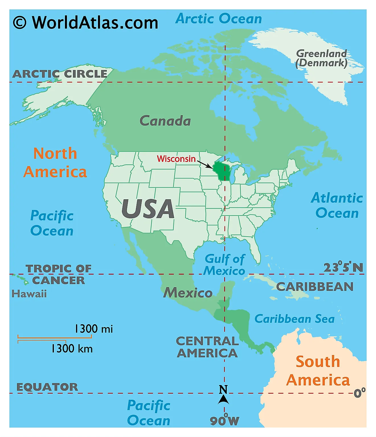 Map showing location of Wisconsin in the world.