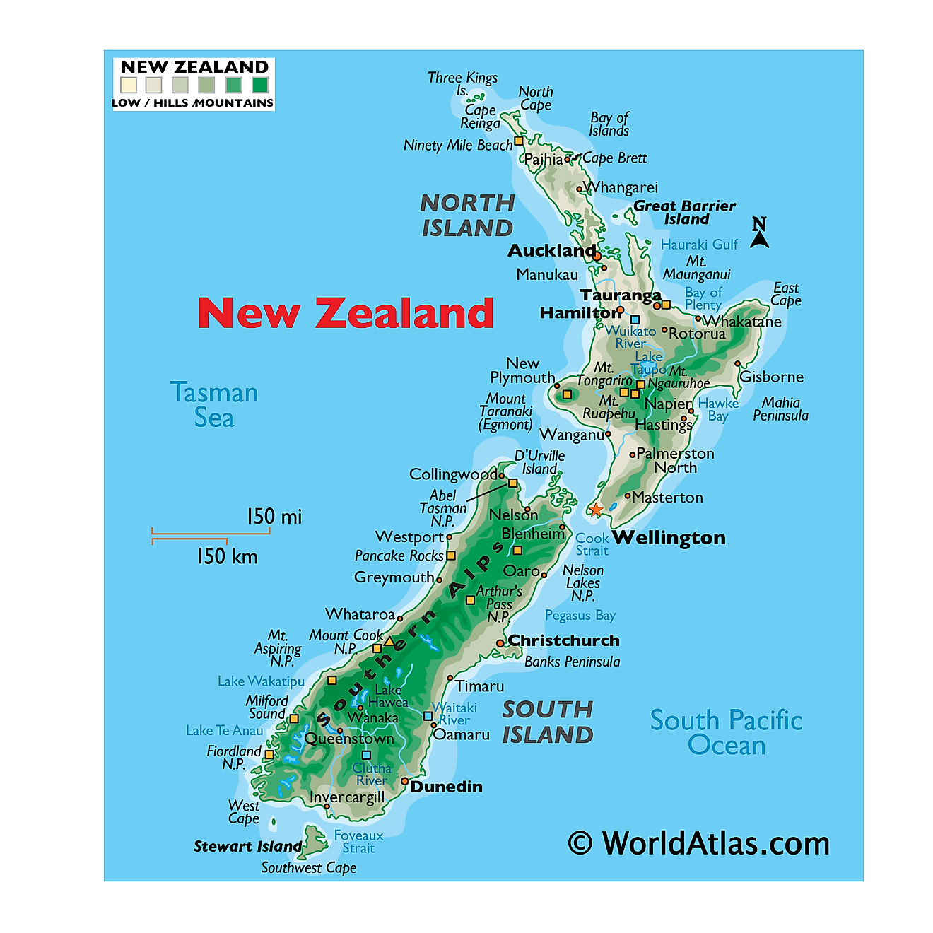 Mapa físico de Nueva Zelanda que muestra relieve, montañas, islas principales, cabos, parques nacionales, ríos, ciudades importantes y más.