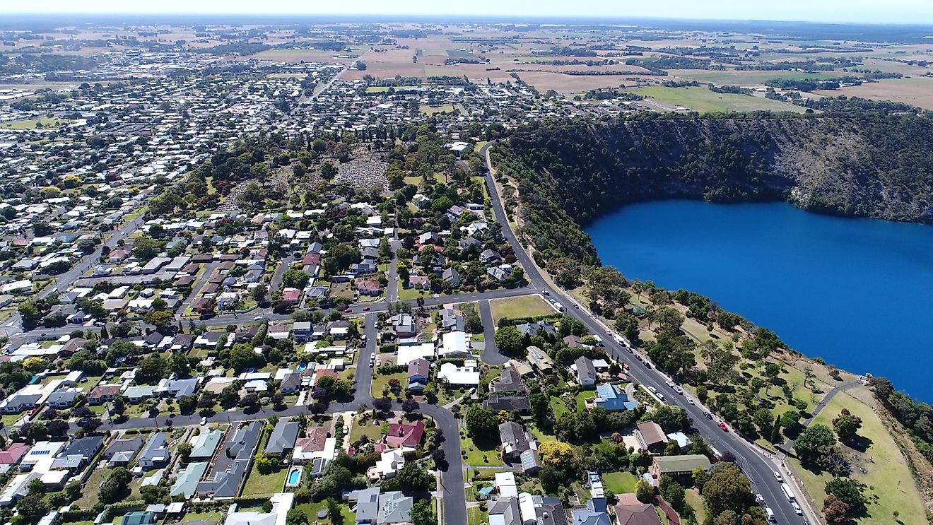 Aerial View of Blue Lake and Mount Gambier town, South Australia 