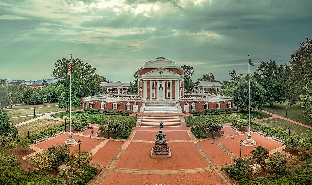 The famous Rotunda building of the University of Virginia in Charlottesville with classic Greek arches design by President Jefferson.