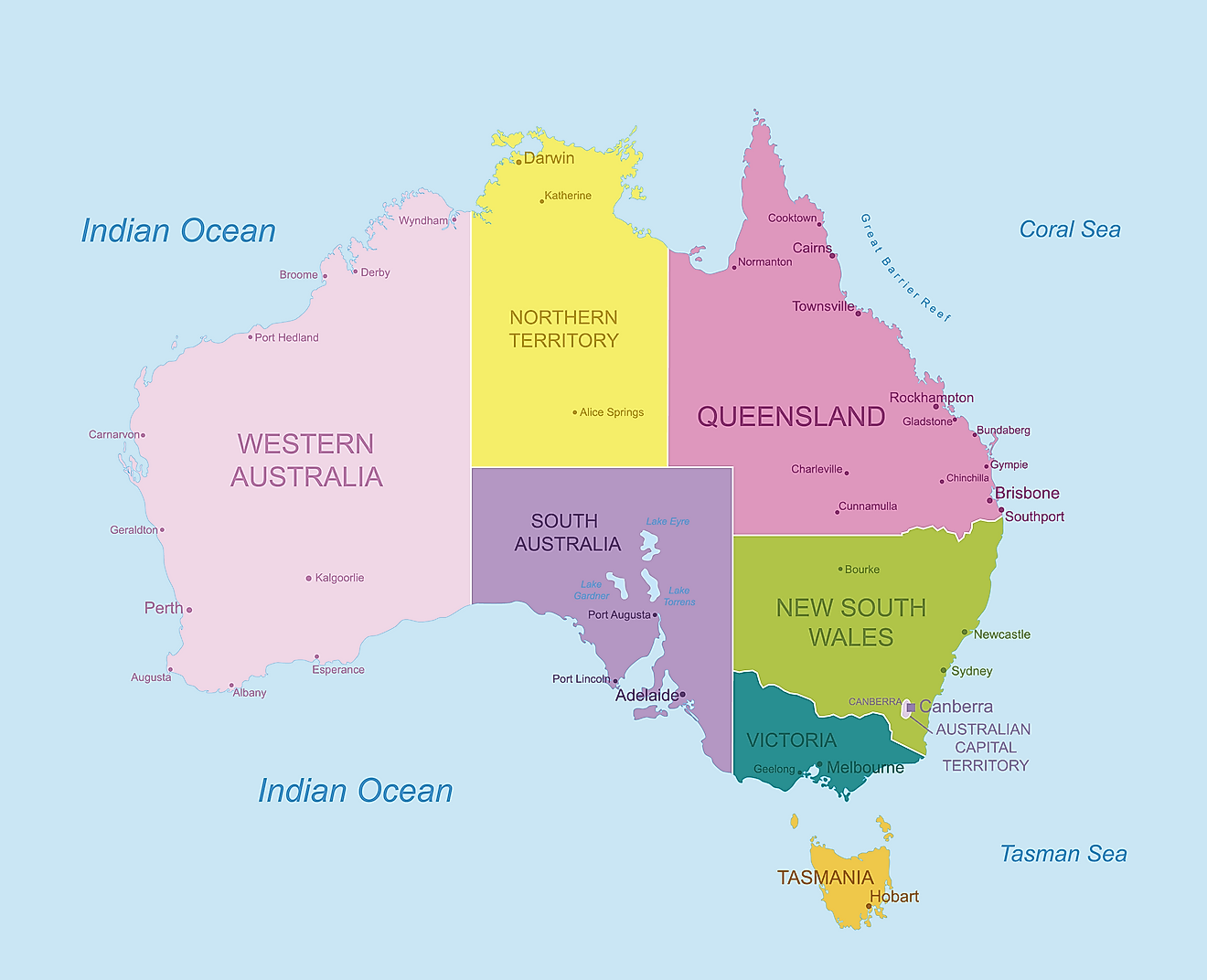 Mapa político de Australia que muestra sus 6 estados y 2 territorios principales y la ciudad capital de Canberra